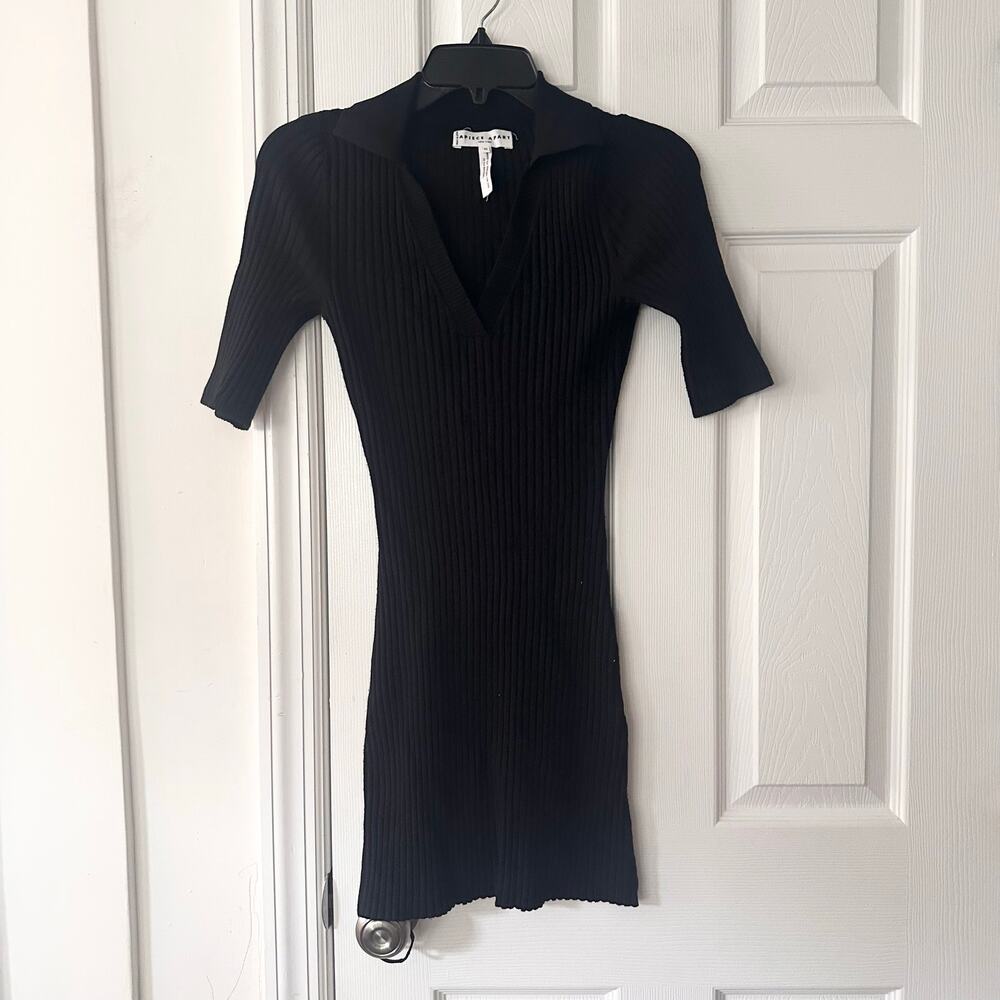 Apiece Apart Black Ribbed Knit Collared Sweater Body Hugging Mini Dress XS